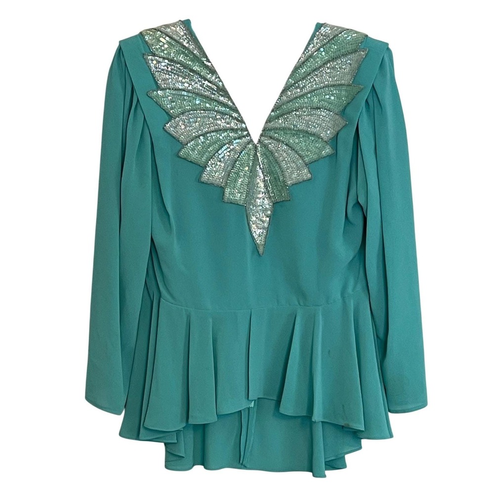Vintage Samuel Scott Teal Sequins V Neck Peplum Ruffle Top Mermaid Dynasty 80s‎